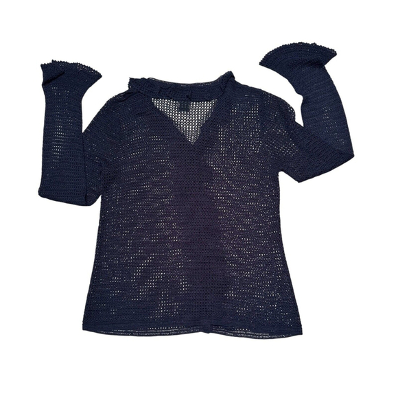 Lauren Ralph Lauren Hand Knit Cardigan Sweater Women M Blue Ruffle Long Sleeves - Picture 14 of 15